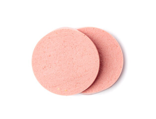 Mortadella Slice Isolated, Luncheon Meat Cut, Chicken Ham, Boiled Sausage for Breakfast