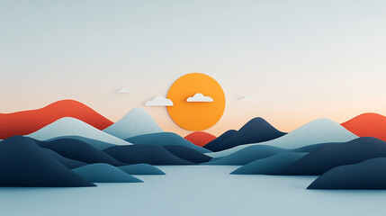 Minimalist paper-cut style landscape with mountains, sun, and clouds in a blue, orange, and white color scheme.
