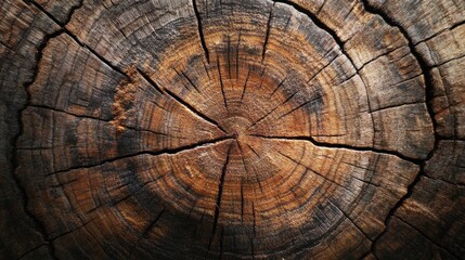 Naklejka premium Close-up of a tree trunk's cross-section, showcasing intricate growth rings and textures.