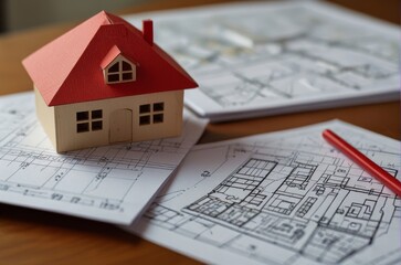 closeup toy house with home plan on the table
