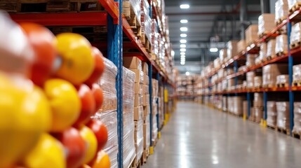 A warehouse interior featuring stacked shelves filled with packaged goods and a foreground of oranges.