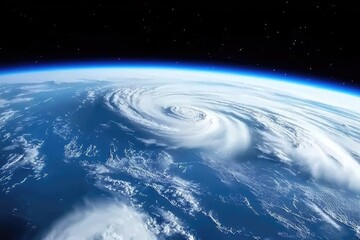 Aerial view of a powerful hurricane swirling over the ocean, showcasing dramatic cloud formations.