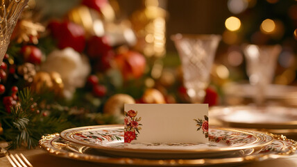 Elegant Personalized Place Card Resting on Fine Dinnerware Surrounded by Festive Holiday Decor in a Warmly Lit Setting