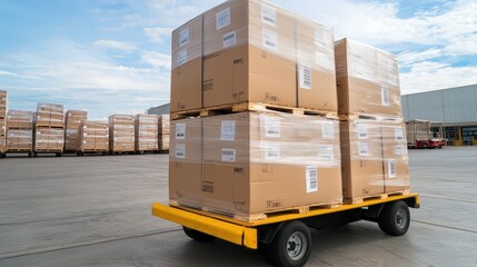 A pallet loaded with stacked cardboard boxes on a cart in a storage area, with multiple packages in the background under a clear sky.
