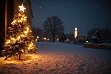 Fototapeta premium Enchanting Winter Night Scene with Snowy Christmas Tree and Church, Perfect for Holiday Greeting Cards and Wall Art