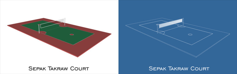 vector Sepak Takraw isometric corner view line  blueprint technical drawing illustration isolated on transparent background 