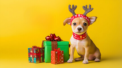 Naklejka premium Playful Puppy Wearing Reindeer Antlers with Colorful Presents on Bright Yellow Background Perfect for Holiday Celebrations and Festive Cheer