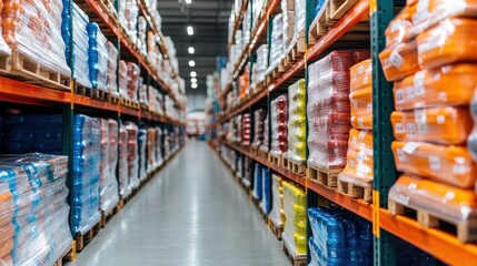 Fototapeta premium A well-organized warehouse aisle filled with colorful stacked goods on pallets, showcasing a variety of products in a modern storage facility.