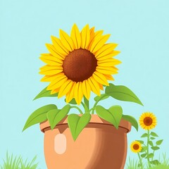 Obraz premium Illustration of a large sunflower in a large pot, with a bright blue sky in the background.