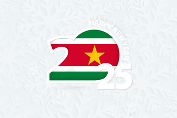New Year 2025 for Suriname on snowflake background.