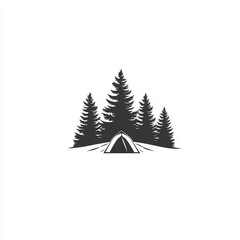 Obraz premium Silhouette of a tent in a forest with three pine trees.