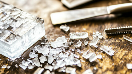 Ice block with shards on wooden table alongside kitchen tools, creating a textured scene