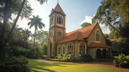 Stone church with a bell tower surrounded by trees and a manicured lawn.