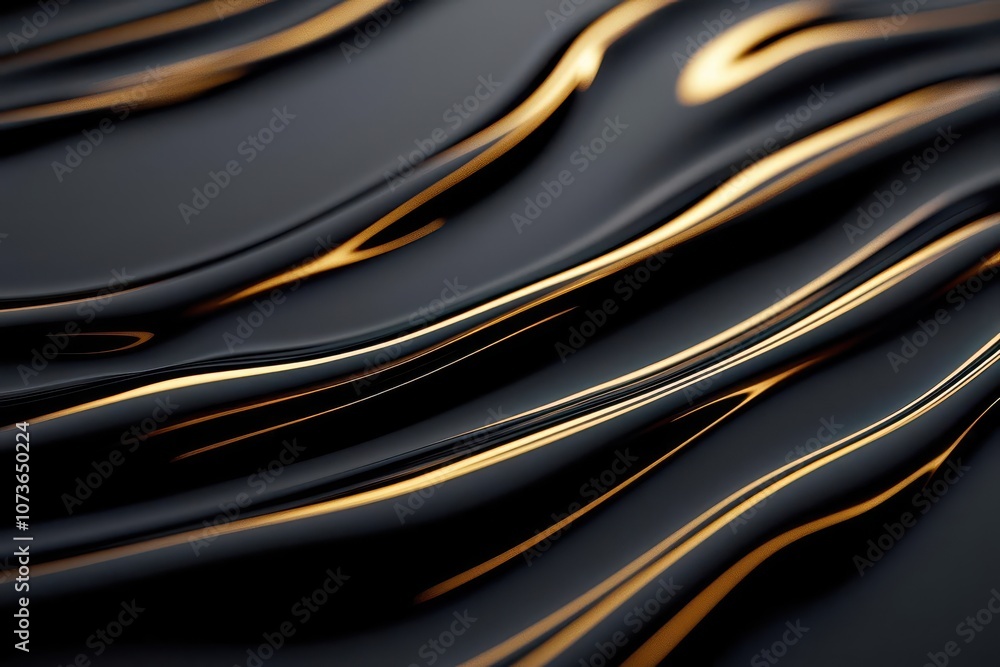 Poster a sleek, abstract image showcasing fluid lines of gold against a dark background, creating a dynamic