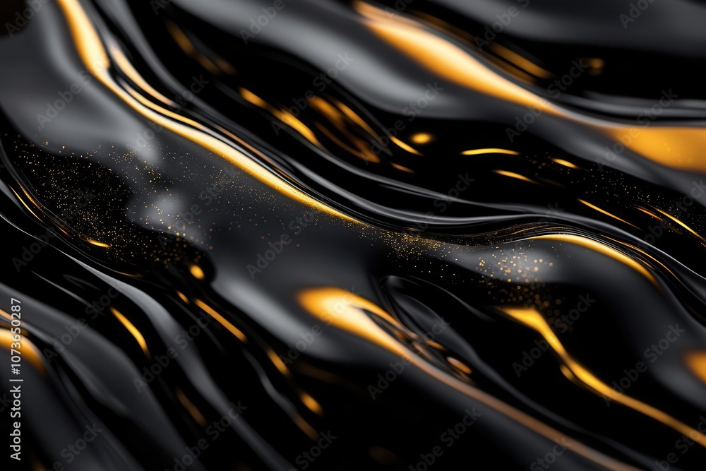 Poster a close-up view of wavy black and gold patterns, showcasing a glossy texture and shimmering highligh