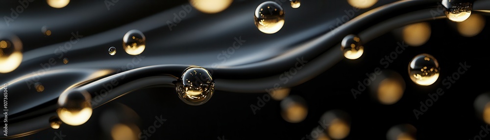 Poster a sleek, dark backdrop showcases golden droplets shimmering above flowing waves, creating a mesmeriz