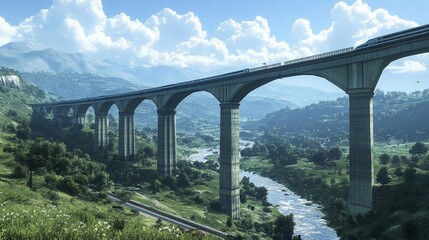 Obraz premium A long train bridge stretches across a valley, with a river flowing beneath.