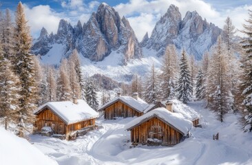 Fototapeta premium The snow-covered alpine landscape of the Dolomites, with small wooden buildings nestled among snowy pines and spruce trees, offers an enchanting winter wonderland view.