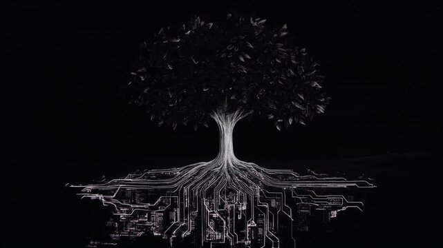 Black and white tree illustration with roots resembling circuitry, representing the connection between nature and digital technology in a conceptual design.