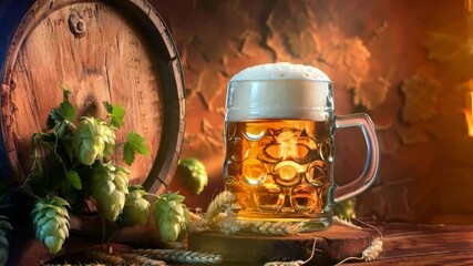 A wooden beer barrel beside a frothy mug and hops creates a classic brewery ambiance. Ideal for craft beer enthusiasts and breweries. Conceptual and cozy scene. Generative AI