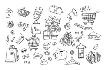 Big outline doodle set with hand drawn elements for Big Sale. Vector trolley, cart,, money, coins wallet, cosmetics, paper pack and related elements isolated on white background for coloring pages