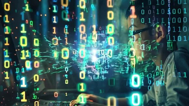 A young boy in a dark room typing on a laptop with digital code surrounding him. This image showcases the digital world and tech literacy. Perfect for tech-related content. Generative AI