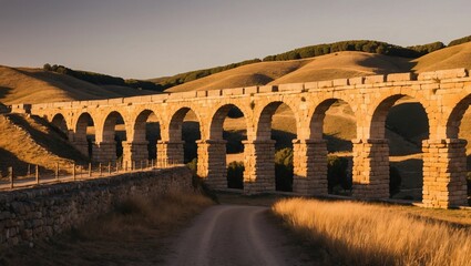 Fototapeta premium Stunning Roman Aqueduct of Segovia Surrounded by Rolling Hills at Sunset, Showcasing Majestic Architecture and Scenic Landscapes in Spain