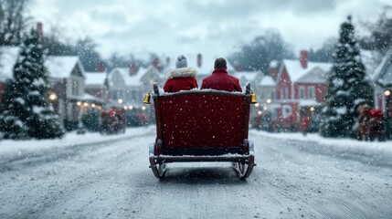 A romantic winter scene featuring a couple in a sleigh, surrounded by snow-covered trees and cozy houses, evoking the magic of the holiday season.