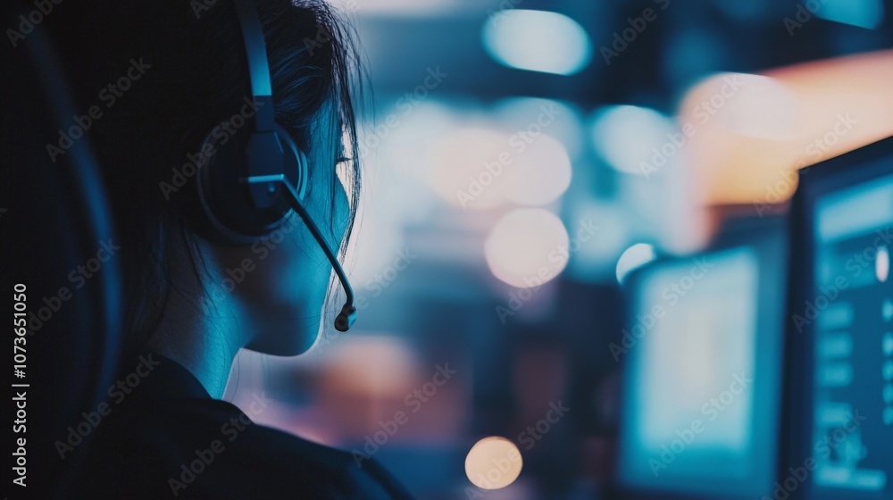 Poster a focused individual wearing a headset, engaged with multiple computer screens in a dimly lit enviro