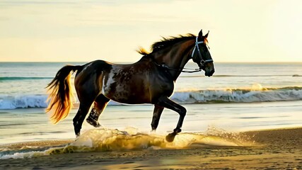 A majestic horse running along the beach at sunrise, capturing freedom and strength. Ideal for nature, equestrian, and coastal themes with a sense of movement and beauty.