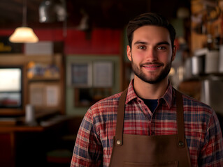 Obraz premium Young barista in plaid shirt and apron smiling in cozy cafe setting, representing small business and friendly service atmosphere