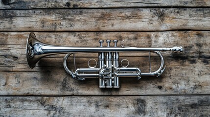 Fototapeta premium Shiny silver trumpet on rustic wooden background.