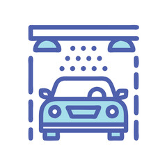 Car wash icon with water drops, Simple vector icon of a car under a water spray, representing a car wash service, isolated on a white background.
