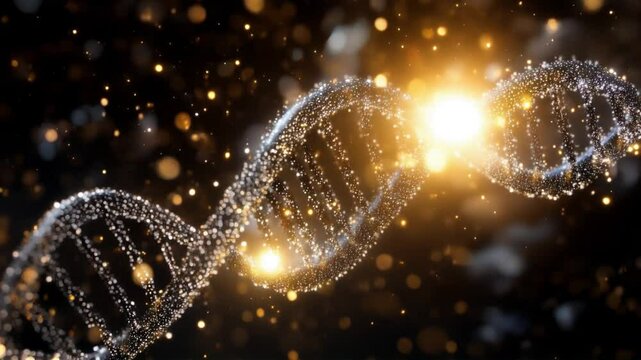 Illuminated DNA strand with golden particles in dark space, representing biotechnology and genetic research, molecular science and innovation concepts.