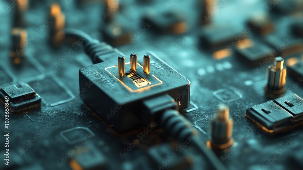 Poster Close-up of a Power Plug Connected to a Circuit Board with Glowing Elements, Showcasing Technology and Modern Electronics in a Futuristic Setting