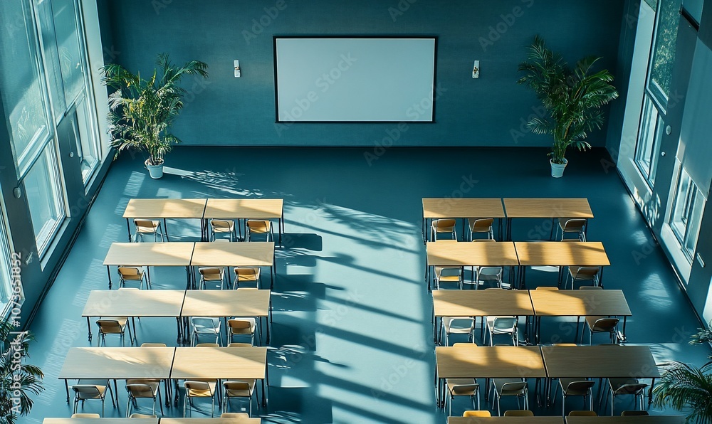 Aufkleber a high-angle view of a modern empty classroom with rows of desks, chairs, and a blank whiteboard.