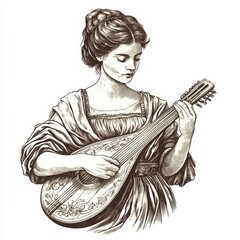 Vintage line art of a woman from the Roman Empire era playing the lute, using crosshatching engraving style with detailed lines, set against a simple white background