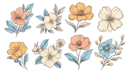 set of  hand draw colorful botanical flowers on a white background, wedding invitation flowers, Ornate contour Anthurium flowers for summer design. flowers logo design, botanical flower logo design