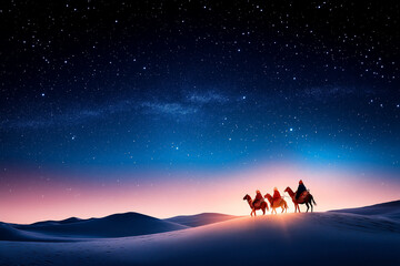 A group of three men riding camels in the desert at night