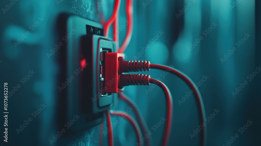 Poster close-up of red usb cables plugged into a wall outlet with a digital electrical socket surrounded by