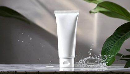3d mock up white plastic face wash tube with blank label on a marble floor with splash water, green leaves foliage decorated at background. cosmetic product advertisement