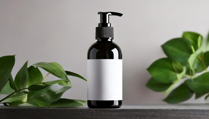 3d mock up black plastic pump bottle with blank white label on a stone slab, green leaves foliage decorated at background. men organic cosmetic product shot, studio lighting