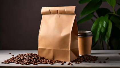 3d mockup coffee bag from craft paper, blank label with copy space for coffee roast bean product advertising, decorated with coffee roast bean and takeaway paper coffee cup