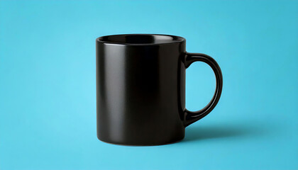 3d mock up of blank matte black ceramic mug mockup isolated on blue background
