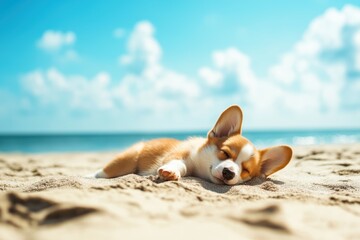 Adorable corgi puppy peacefully sleeping on beach