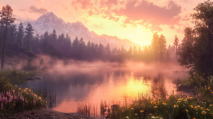 Misty sunrise over a tranquil lake with mountain reflections and wildflowers, surrounded by a peaceful forest and a warm, glowing sky.