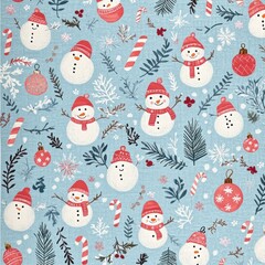 Charming winter pattern featuring playful snowmen, candy canes, and festive ornaments on a serene blue background, perfect for holiday crafts and seasonal designs.