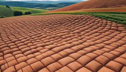 A surreal clay field with rolling hills covered in checkerboard patterns, blending geometric design with organic scenery, Generative AI
