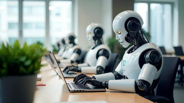 Team of android robots work at computers in a modern office. Concept of automation and integration of technologies.