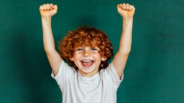 Redhead Boy Triumph: A young boy with bright red hair and a beaming smile, stands in front of a vibrant green background, his arms raised in victory. His infectious joy and energy radiate.